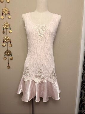Cinema Etoile Vintage Baby Pink Fairycore Lace Beaded Satin Ruffle Slip Dress